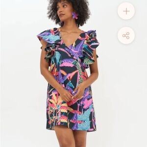 Oliphant Tropical Print Ruffle Sleeve Mini Dress in Black, Pink, Purple, Blue